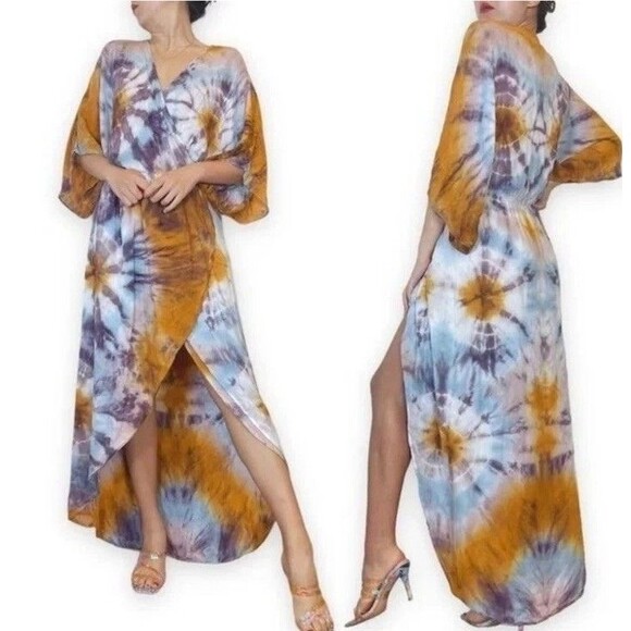 Young Fabulous & Broke Luelle Maxi Dress Sz S Tie Dye Starburst Wrap Asym Beachy - Picture 1 of 16